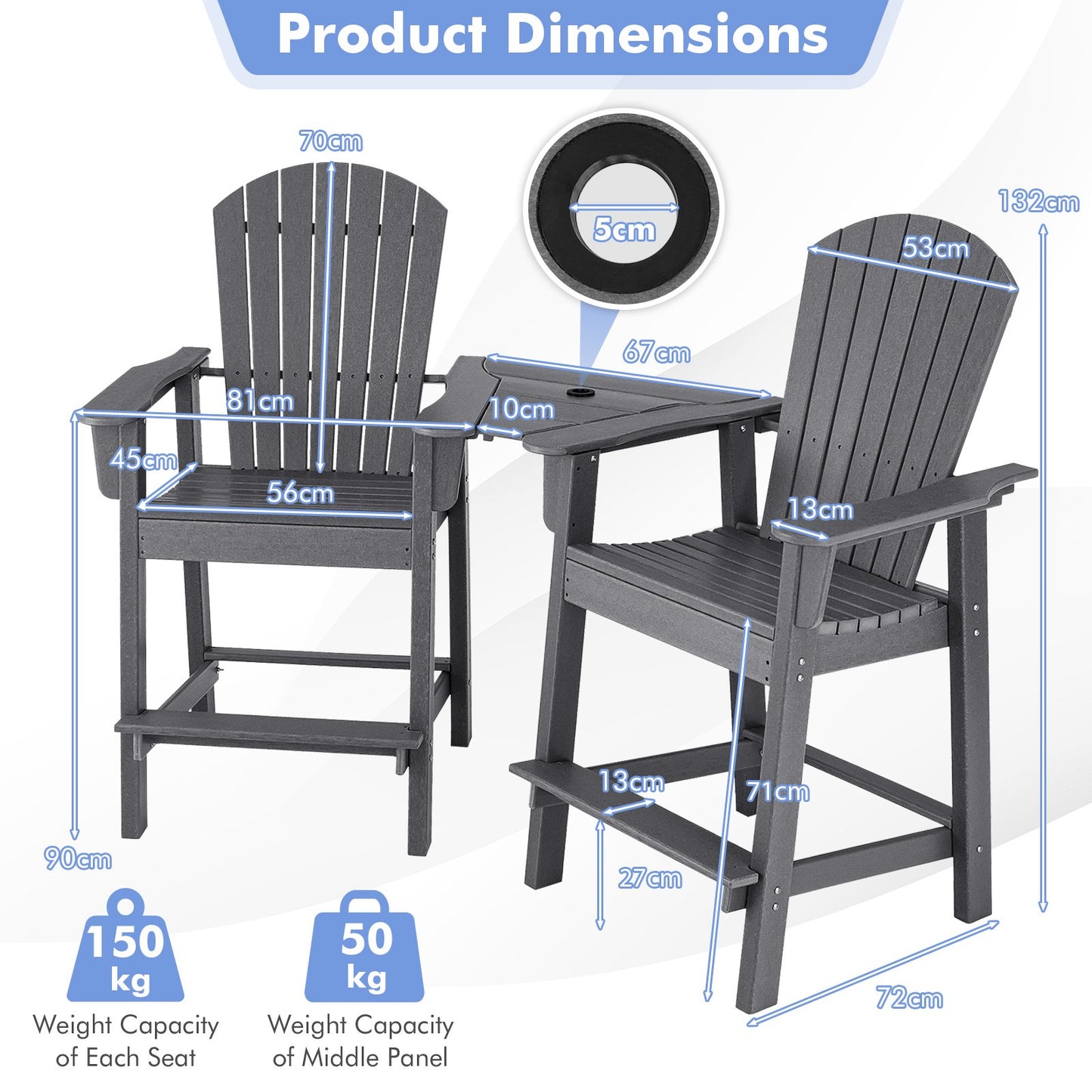 Tall Adirondack Chair Set of 2 with Middle Connecting Tray-Grey