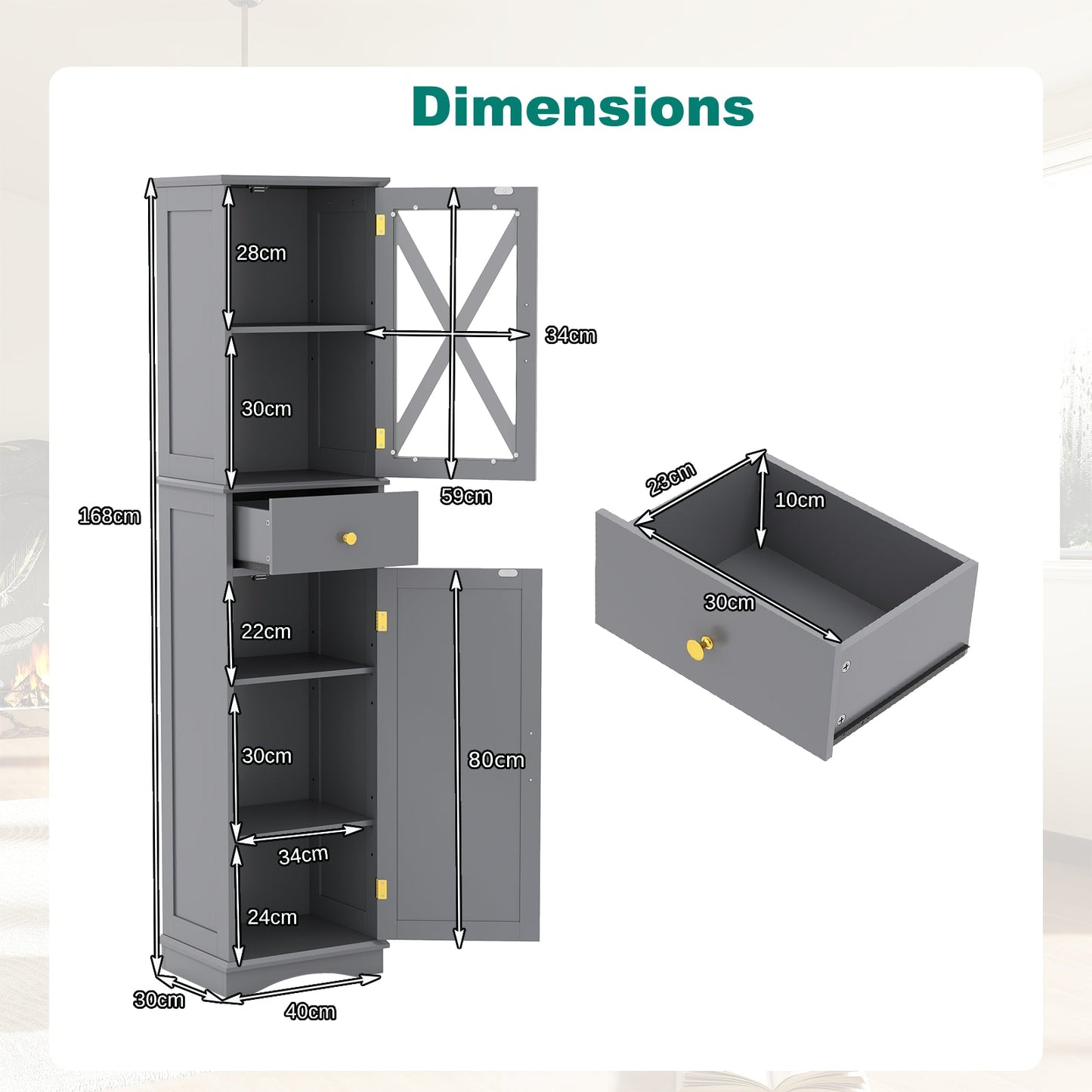 Tall Bathroom Cabinet with Drawer 2 Doors and 3 Adjustable Shelves-Grey