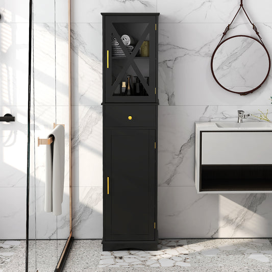 Tall Bathroom Cabinet with Drawer 2 Doors and 3 Adjustable Shelves-Black