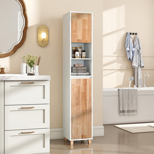 Tall Bathroom Storage Organizer Unit with Rubber Wood Doors-White