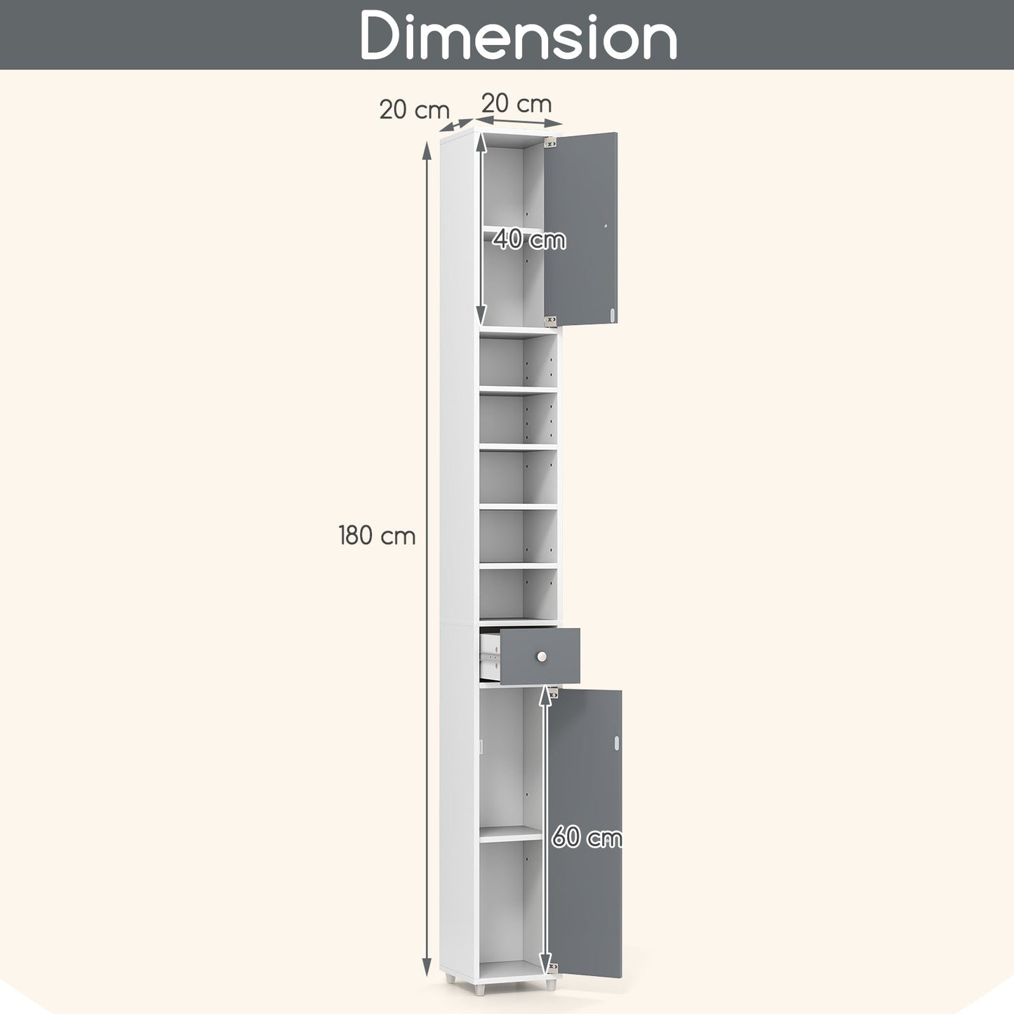 180CM Tall Freestanding Bathroom Cabinet with 2 Doors and 1 Drawer-Gray & White