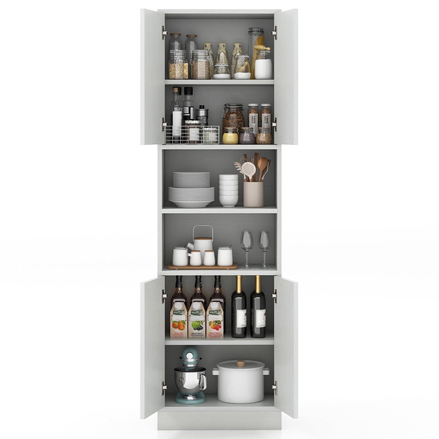 190cm Tall Freestanding Cupboard with Doors and Shelves-White Oak