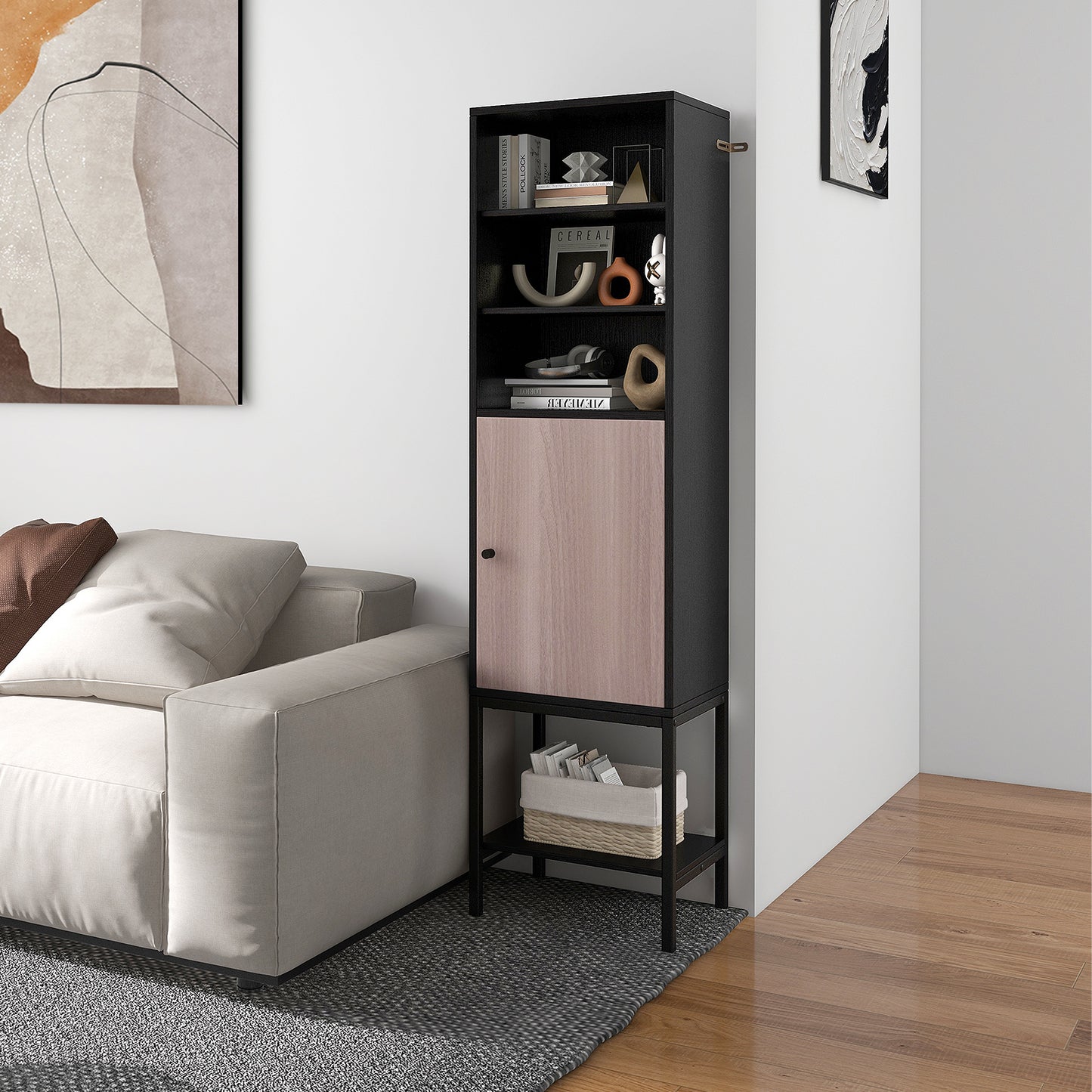 Tall Storage Cabinet with Adjustable Shelf and Bottom Storage-Black