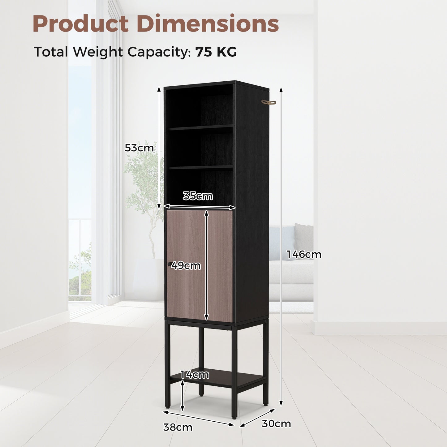 Tall Storage Cabinet with Adjustable Shelf and Bottom Storage-Black