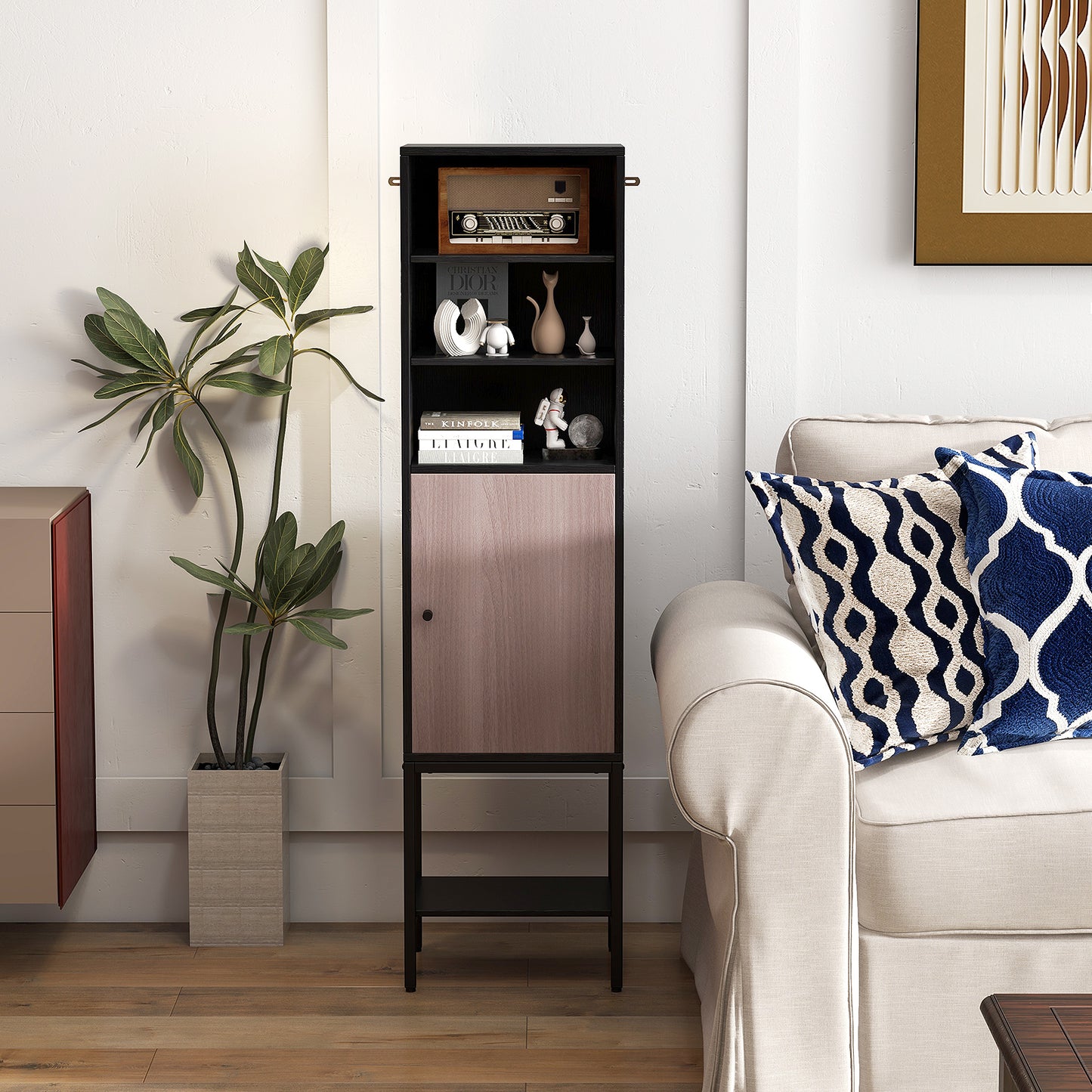Tall Storage Cabinet with Adjustable Shelf and Bottom Storage-Black