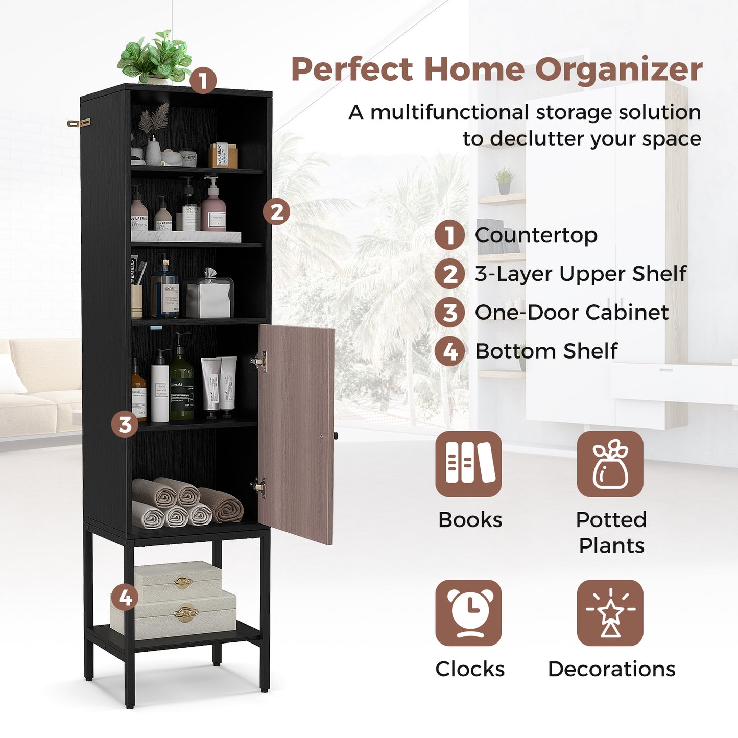 Tall Storage Cabinet with Adjustable Shelf and Bottom Storage-Black