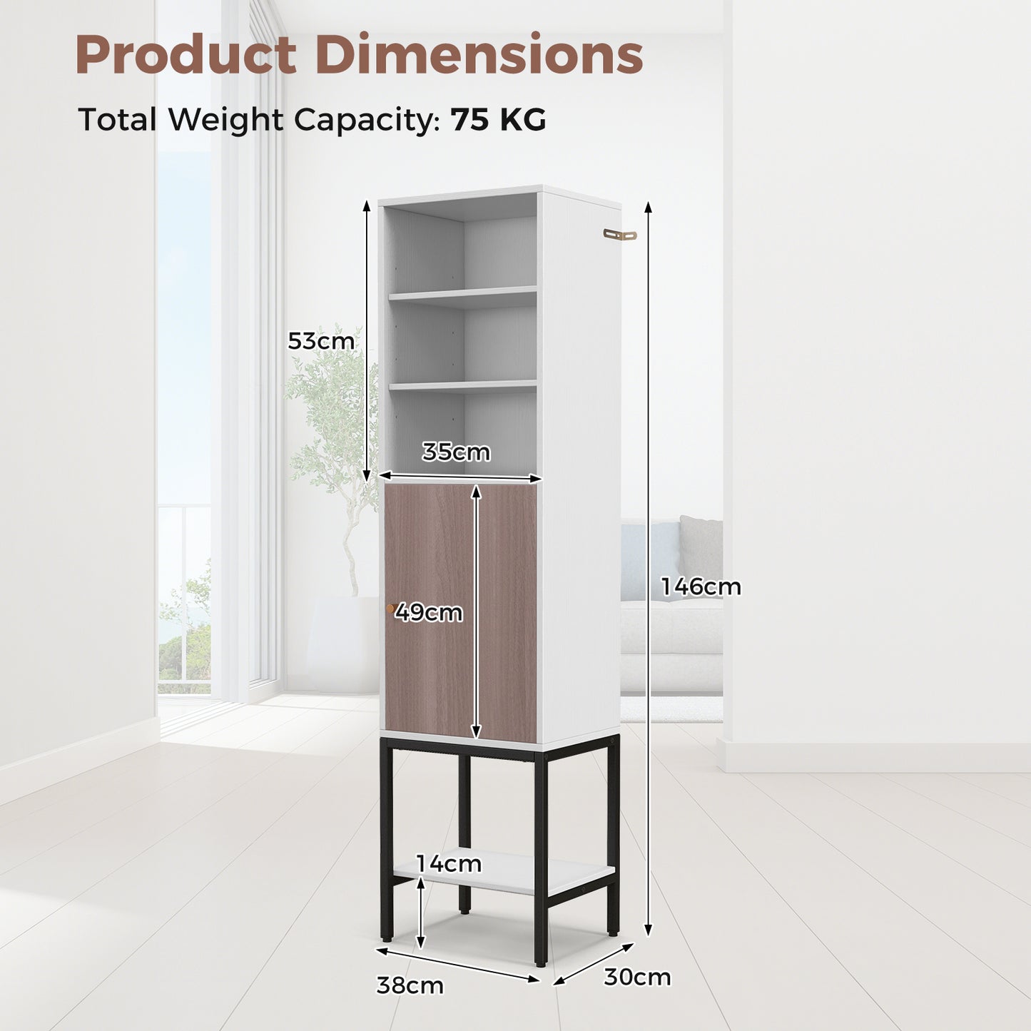 Tall Storage Cabinet with Adjustable Shelf and Bottom Storage-White