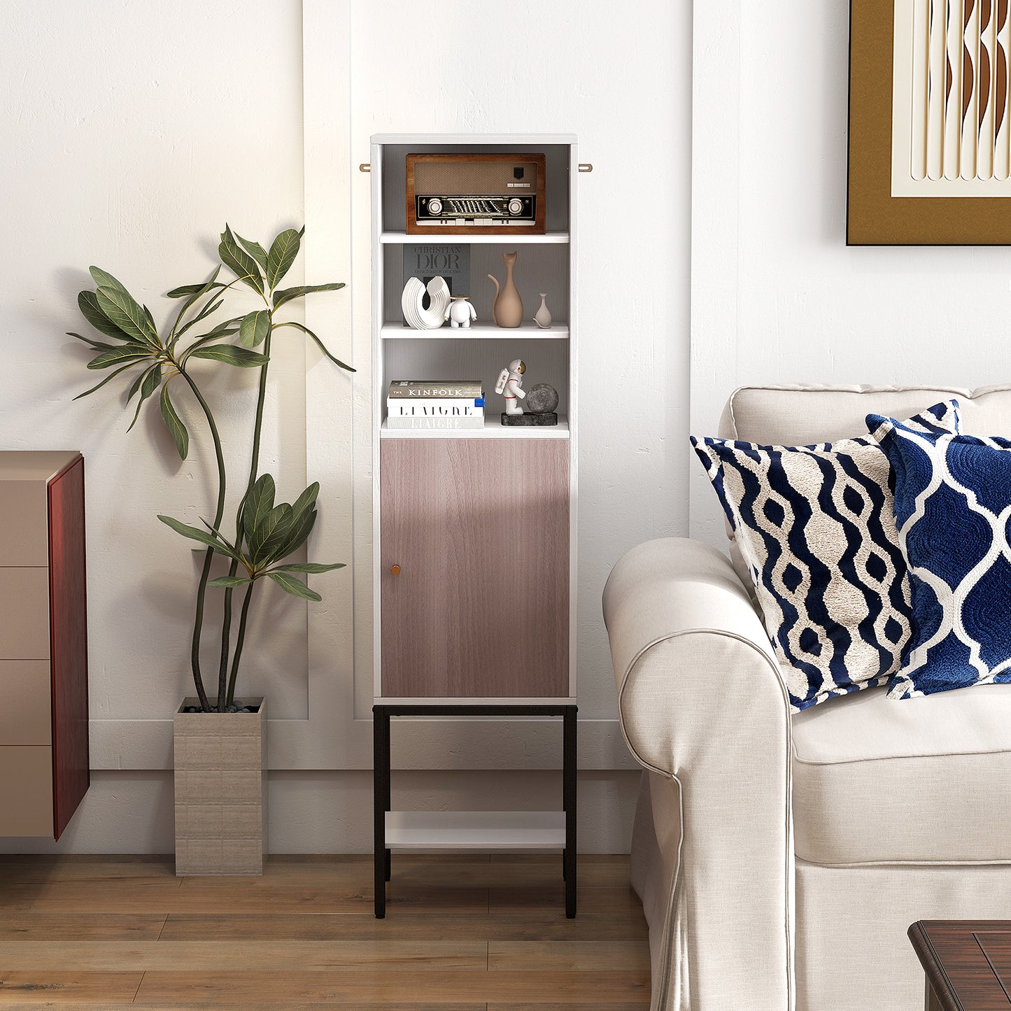 Tall Storage Cabinet with Adjustable Shelf and Bottom Storage-White