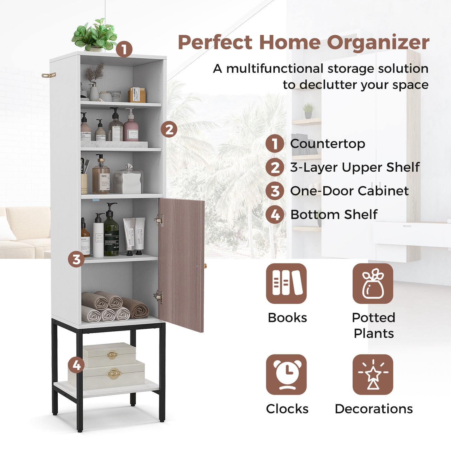 Tall Storage Cabinet with Adjustable Shelf and Bottom Storage-White