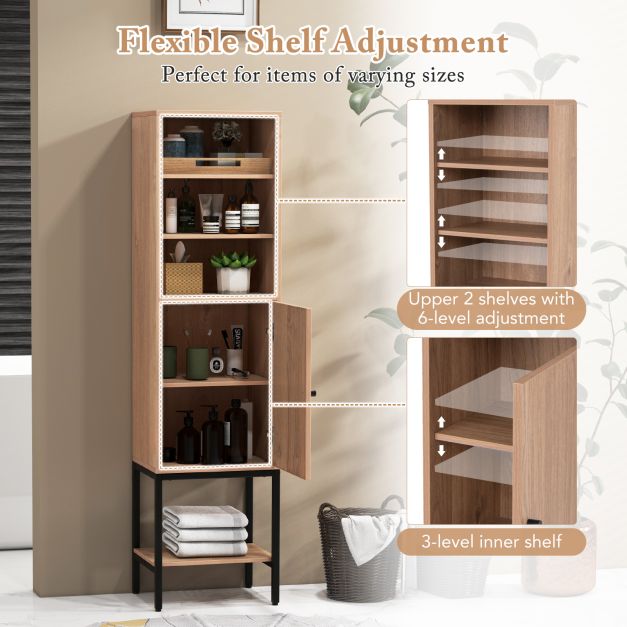 Tall Storage Cabinet with Adjustable Shelf and Bottom Storage-Natural