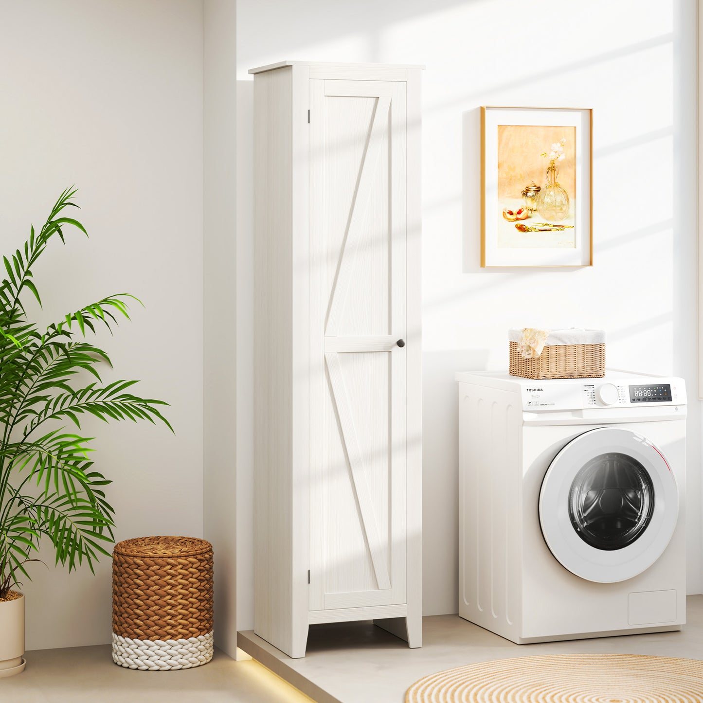 Tall Storage Cabinet with Four Shelves and Single Door-White