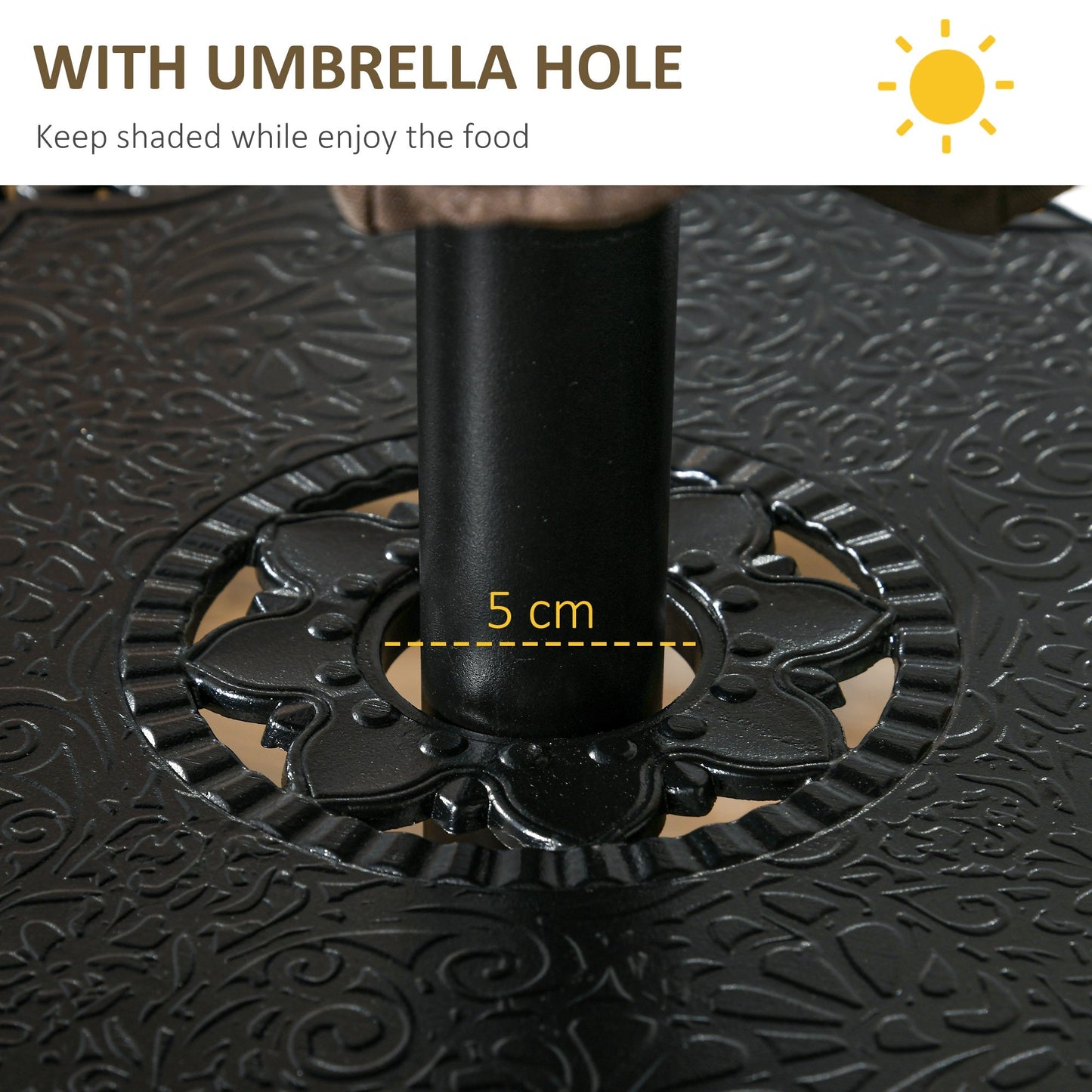 Outsunny Odlew aluminiowy 4-osobowy zestaw obiadowy na zewnątrz z poduszkami i otworem na parasol w kolorze czarnym