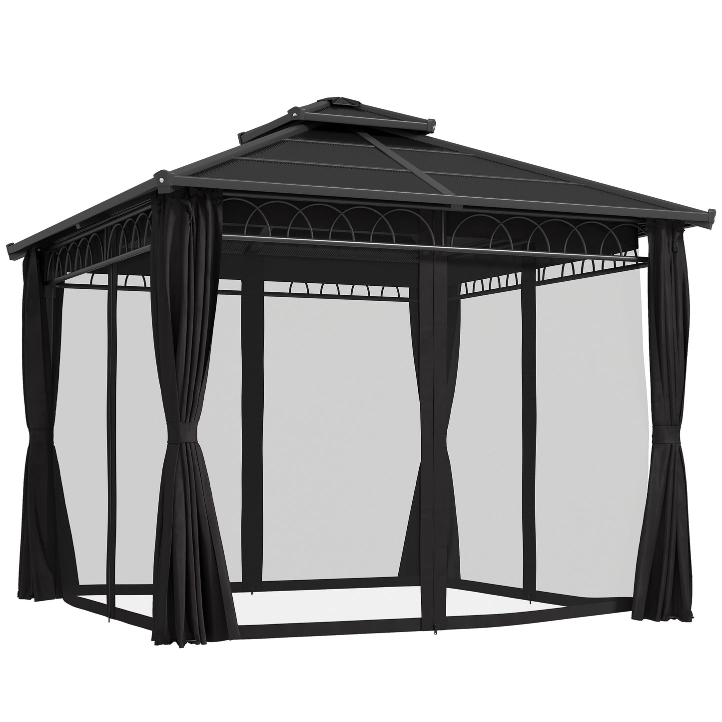 Outsunny 3 x 3 (m) Outdoor Polycarbonate Gazebo, Double Roof Hard Top Gazebo with Galvanised Steel Frame, Nettings & Curtains for Garden, Lawn, Patio and Deck, Dark Grey