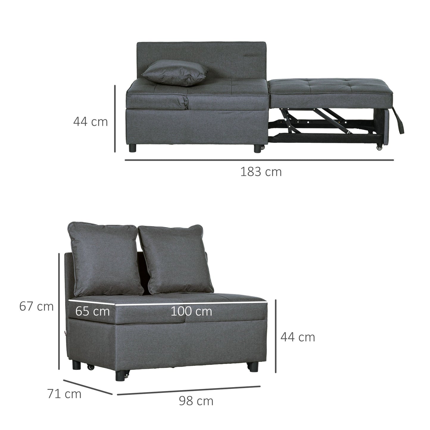 HOMCOM Sofa rozkładana pojedyncza z grubym, wyściełanym siedziskiem, 3 w 1 wielofunkcyjny fotel rozkładany z kieszenią na czasopisma, do salonu, szary