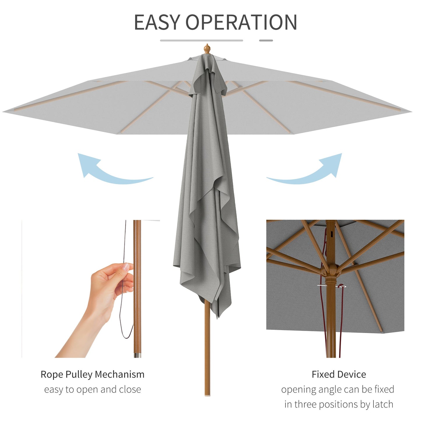 Outsunny 2.5m Wood Garden Parasol Sun Shade Patio Outdoor Wooden Umbrella Canopy, Table Market Umbrella with Vent, 38mm Pole, Rope Pulley Mechanism, Light Grey