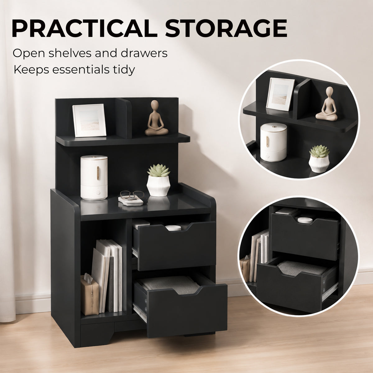 HOMCOM Bedside Table, Small Bedside Cabinet with 2 Drawers and Storage Shelves for Bedroom, Black Wood Effect