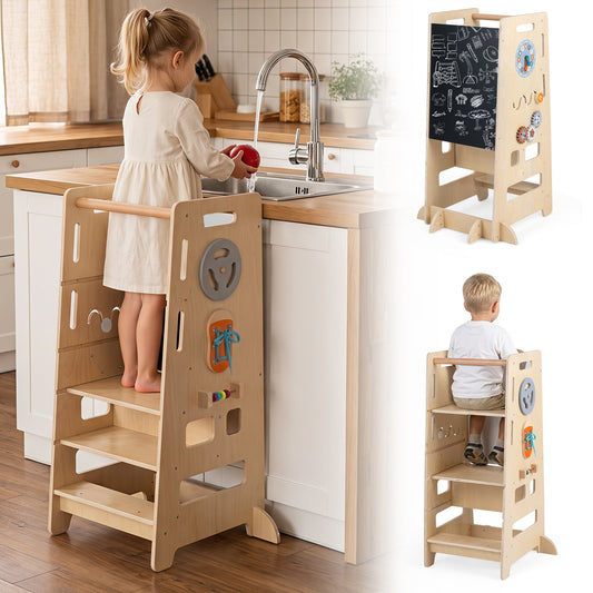 Toddler Standing Tower with Adjustable Height and Blackboard-Natural