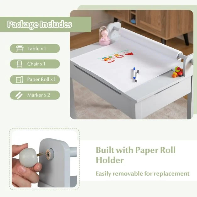 Toddler Activity Table with Chair with Storage and Paper Roll Holder-Grey