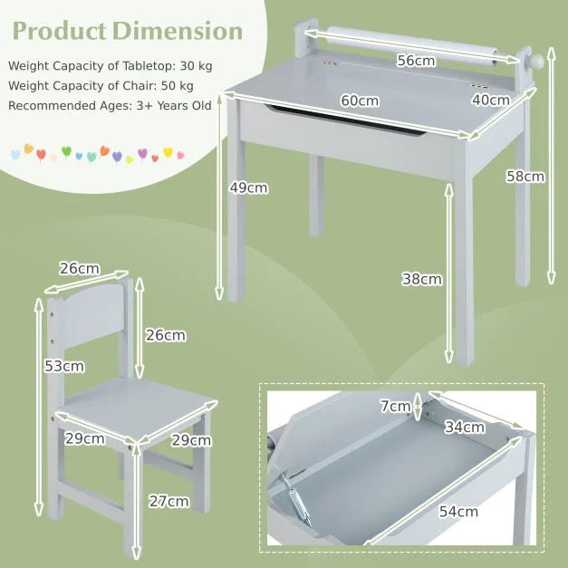 Toddler Activity Table with Chair with Storage and Paper Roll Holder-Grey