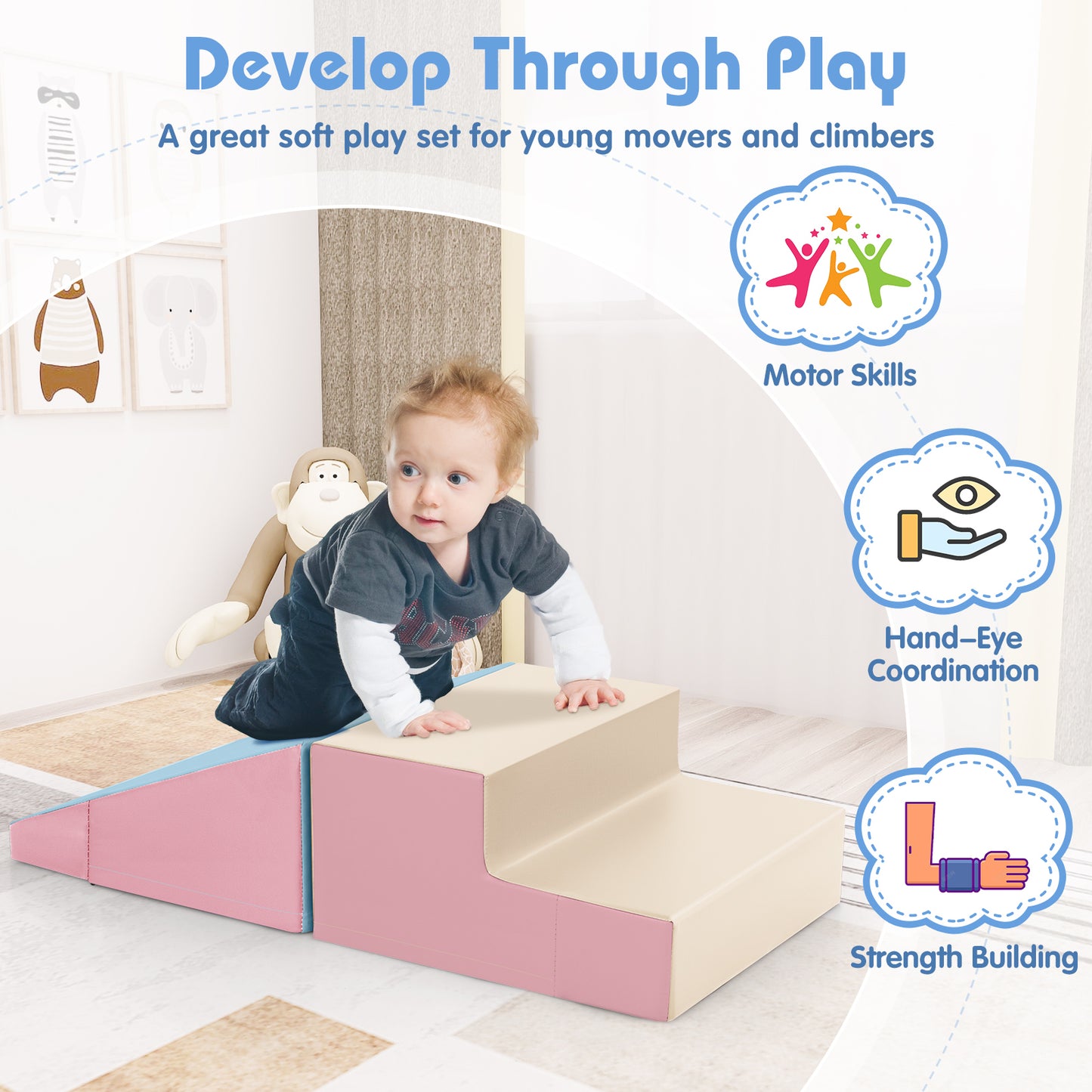 Toddler Climb and Crawl Foam Play Set-Pink & Beige