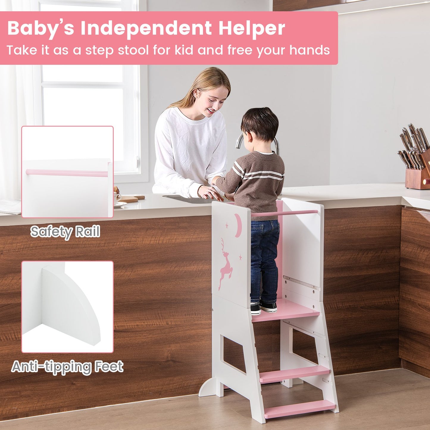 Toddler Kitchen Stool Helper with Chalkboard and Whiteboard-Pink