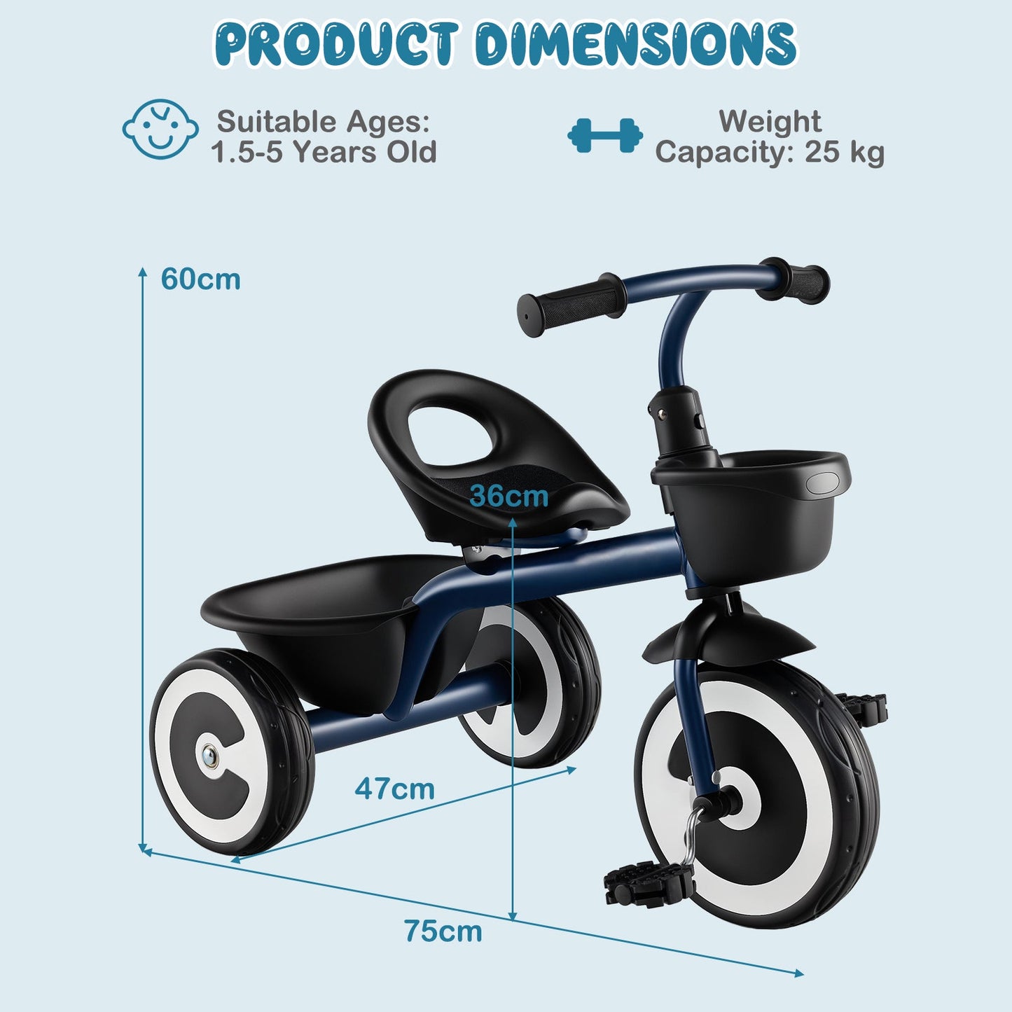 Toddler Tricycle Kids Trike with Adjustable Seat for 1.5-5 Years Old-Navy