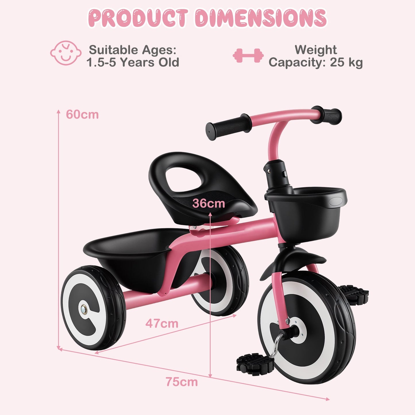 Toddler Tricycle Kids Trike with Adjustable Seat for 1.5-5 Years Old-Pink
