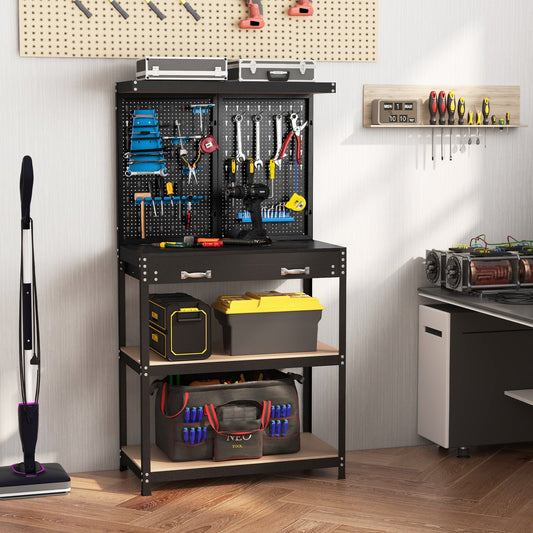 Tool Storage Workbench with Pegboard Shelves and Drawers-Blue