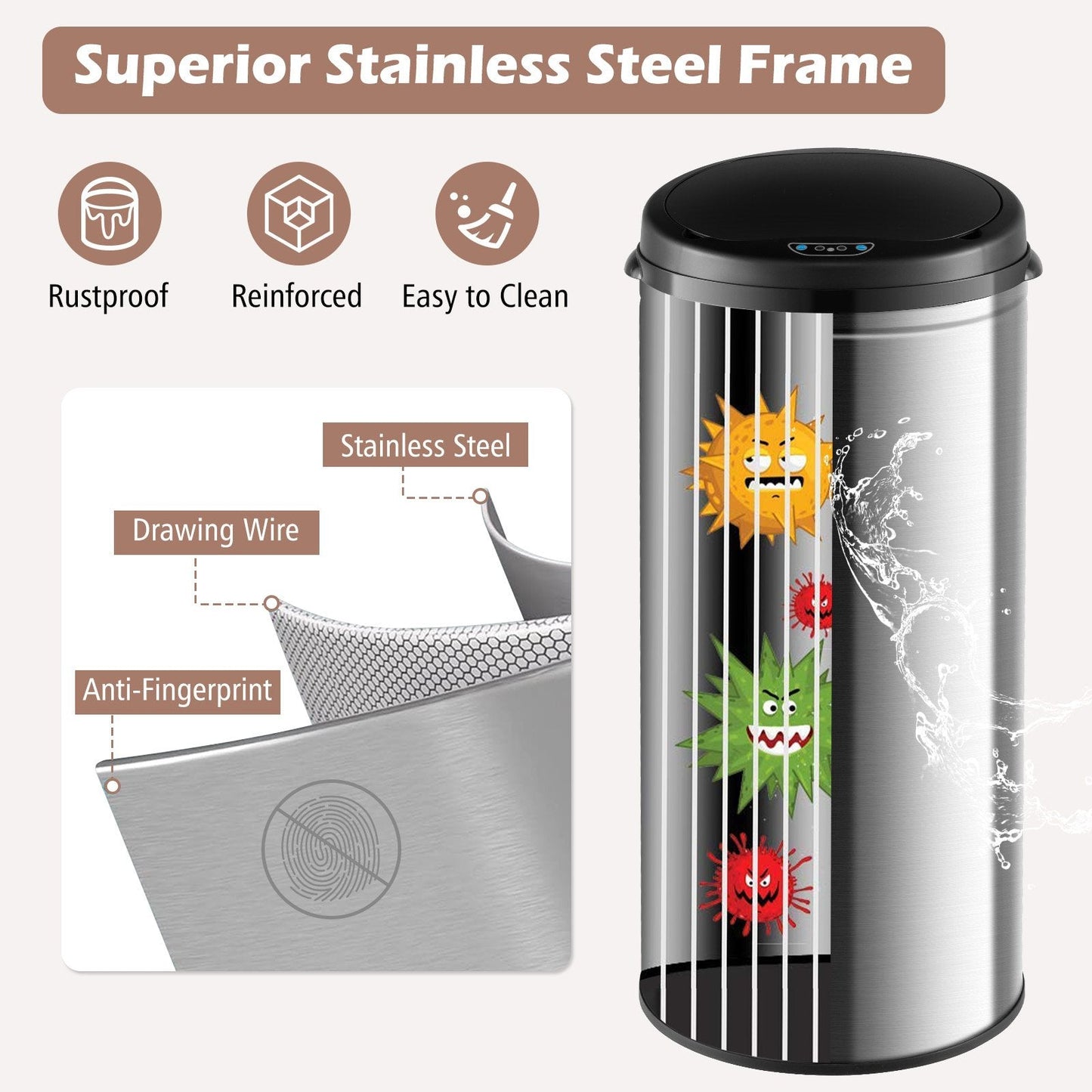 Touchless Trash Can with Motion Sensor Control and Manual Control-Silver