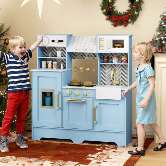 Toy Kitchen Playset with Coffee Station and Range Hood for Kids-Blue