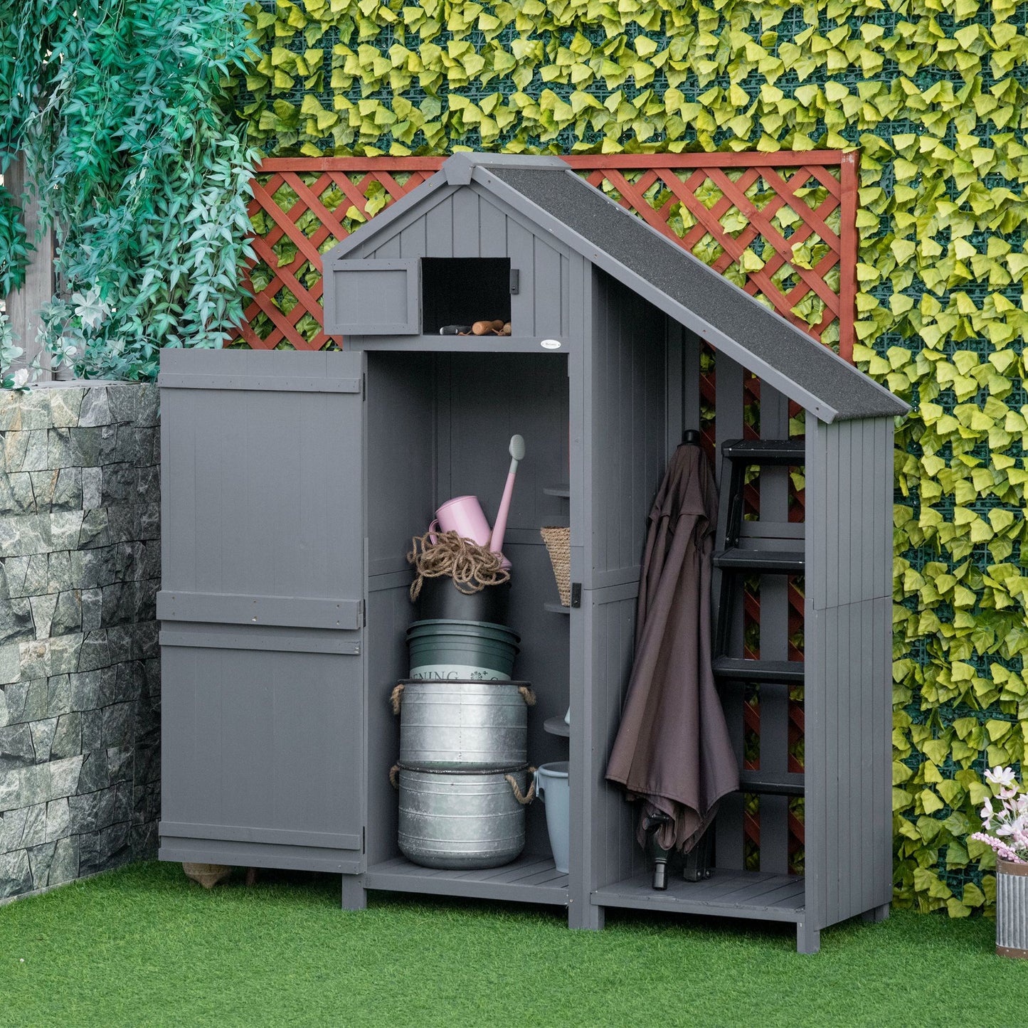 Outsunny Garden Outdoor Storage Shed Outdoor Tool Shed z 3 półkami i uchylnym dachem, 129x51,5x180 cm, szary