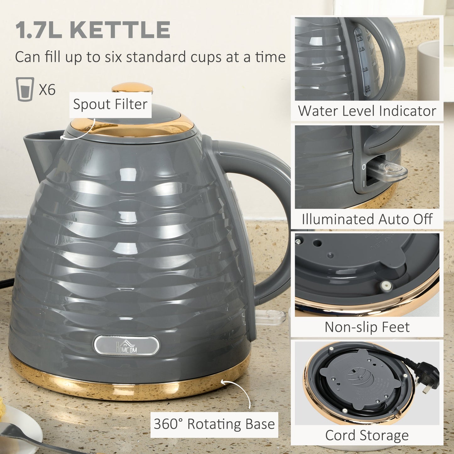 Zestawy czajnika i tostera HOMCOM, czajnik 3000 W 1,7 l do szybkiego gotowania i toster na 4 kromki z 7 przyciskami do przyrumieniania, rozmrażaniem, podgrzewaniem i tacką na okruchy, termostatem Otter, szary