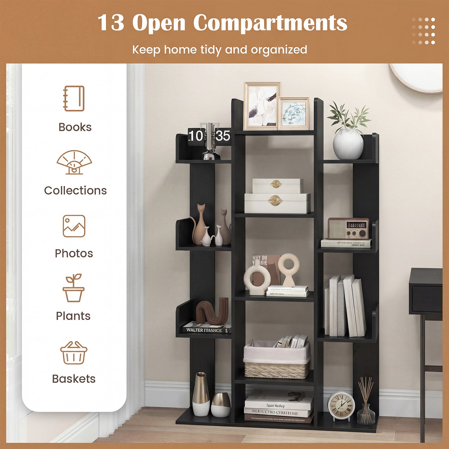 Tree Bookshelf Corner Books Storage Organizer with 13 Open Shelves-Black