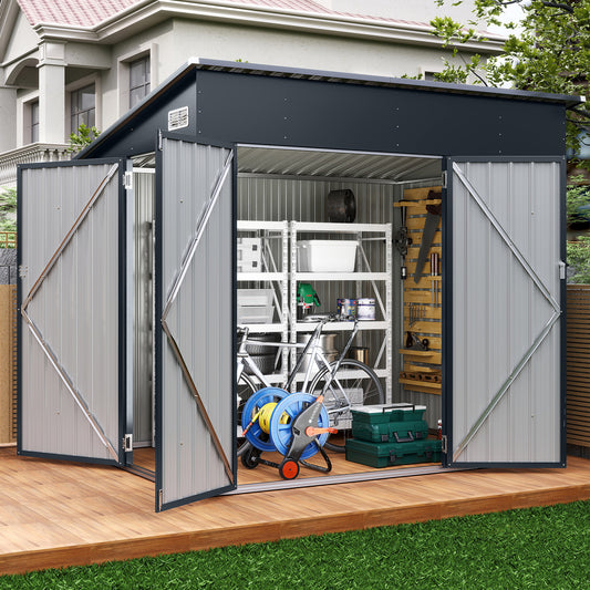 Triple Door Storage Shed with Galvanized Steel Tool and Bike Storage-Grey