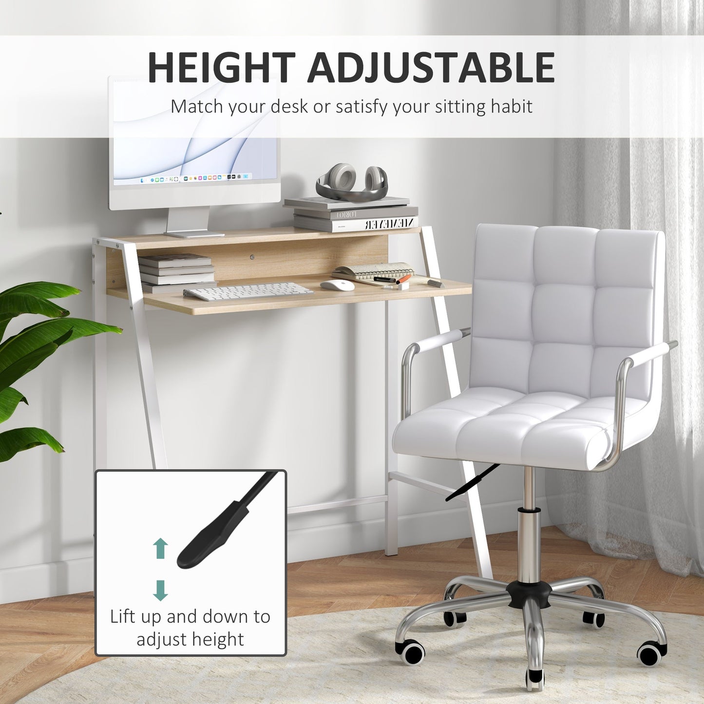 Zestaw HOMCOM Home Office Chair i Computer Desk, Fotel biurowy ze sztucznej skóry z kółkami obrotowymi, Biurko do nauki z półką do przechowywania, Biały