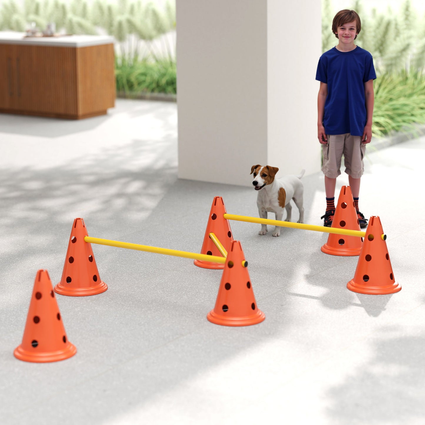 PawHut Dog Agility Equipment Set of Six Cones, Six Poles with Carry Bag, Three-Piece Adjustable Height Jumping Obstacles, Orang