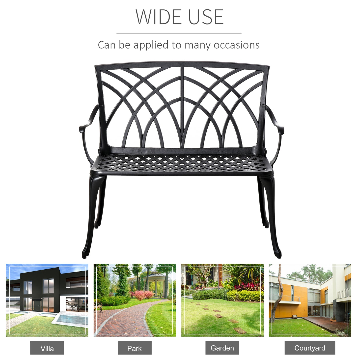 Outsunny 2-osobowa ławka ogrodowa z odlewu aluminiowego Loveseat Outdoor Furniture Chair z dekoracyjnym oparciem i ergonomicznym podłokietnikiem na patio, taras lub werandę