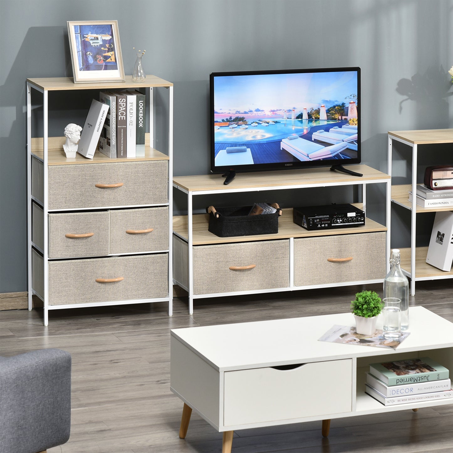 HOMCOM 4 Drawer Storage Chest Unit Home Cabinet w/ Shelves Home Living Room Bedroom Entryway Living Furniture, Light Grey