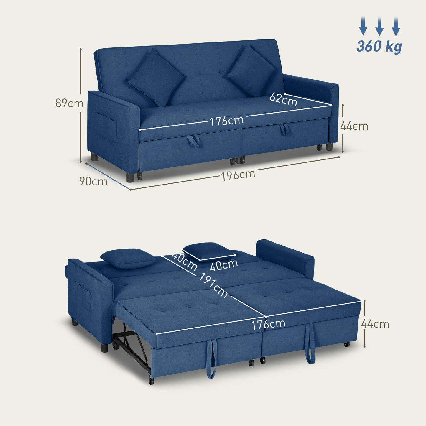 HOMCOM Trzyosobowa sofa rozkładana Velvet-Feel - niebieska