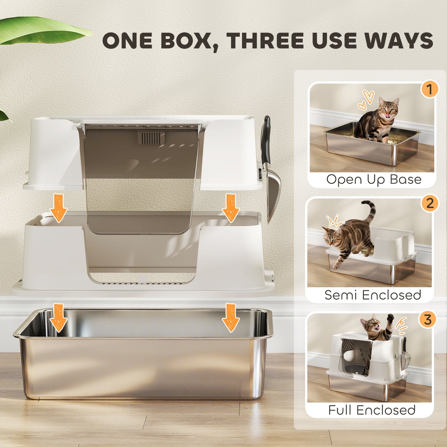 PawHut XL Stainless Steel Litter Box w/ 100° Flip Top, Scoop, Side Top Dual Entry, Odor Free, Easy Cleaning, Anti Leakage