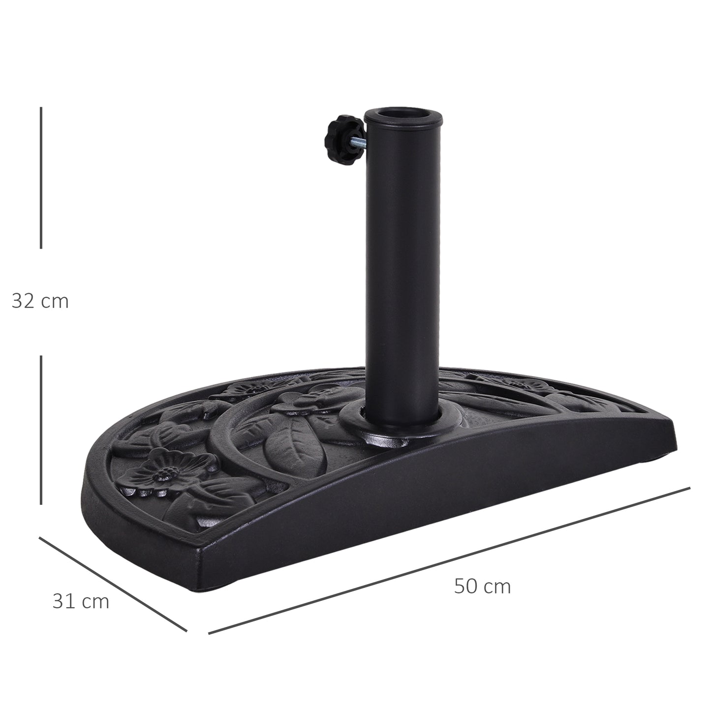 Outsunny 9kg Resin Parasol Base, Half Round Umbrella Stand with Floral Design for Garden, Outdoor, Suitable Umbrella Rod: â3.8cm, â4.8cm, Black