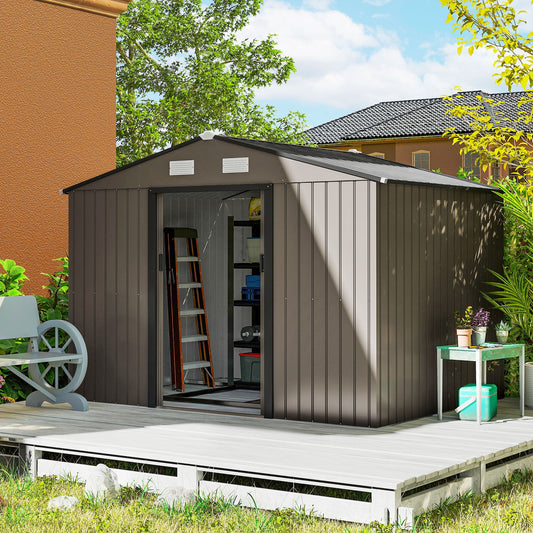 Outsunny 9 x 6ft Metal Garden Shed, Outdoor Storage Tool House with Ventilation Slots, Foundation Kit and Lockable Double Doors, Brown