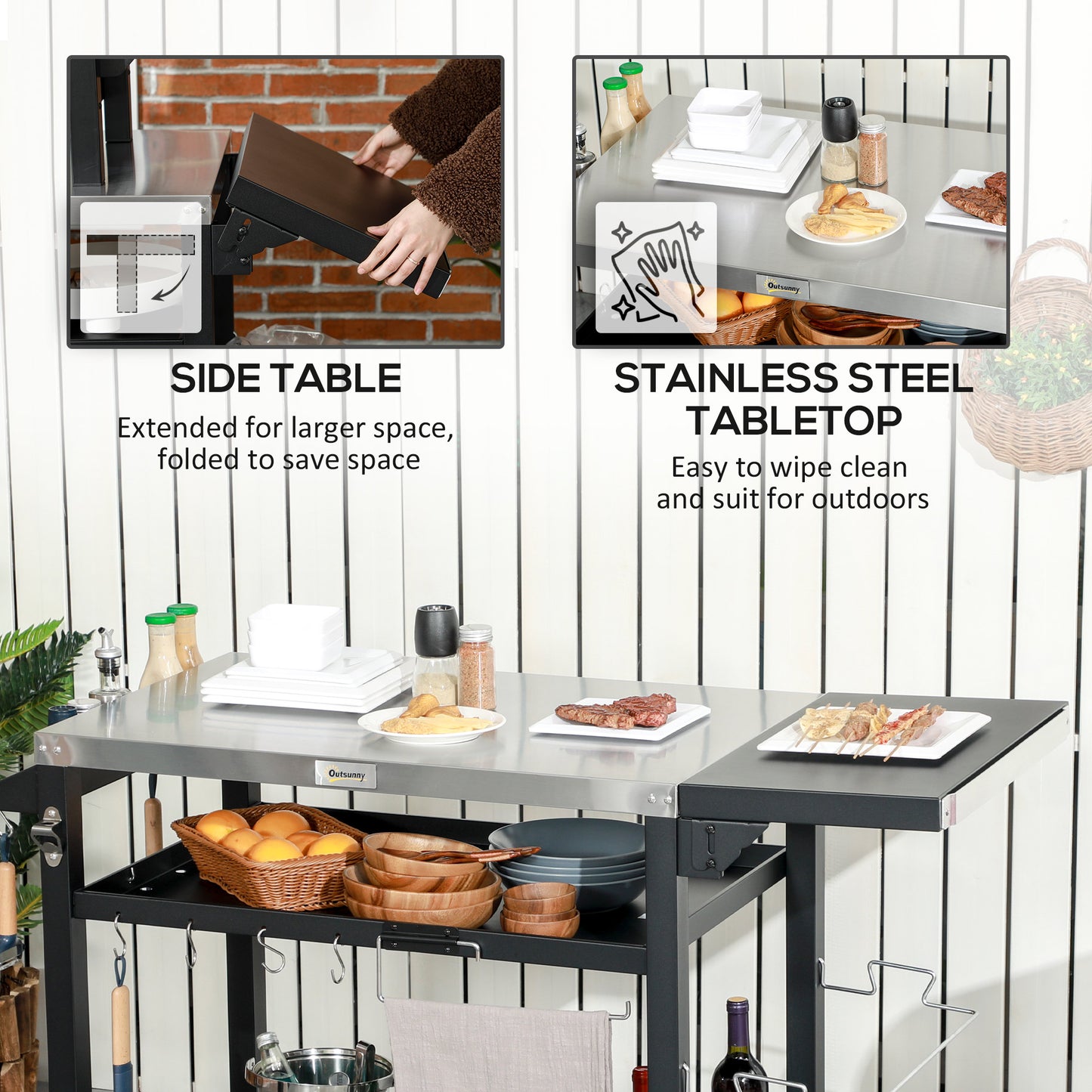 Outsunny Multi-Feature BBQ Grill Table, with Stainless Steel Top - Black