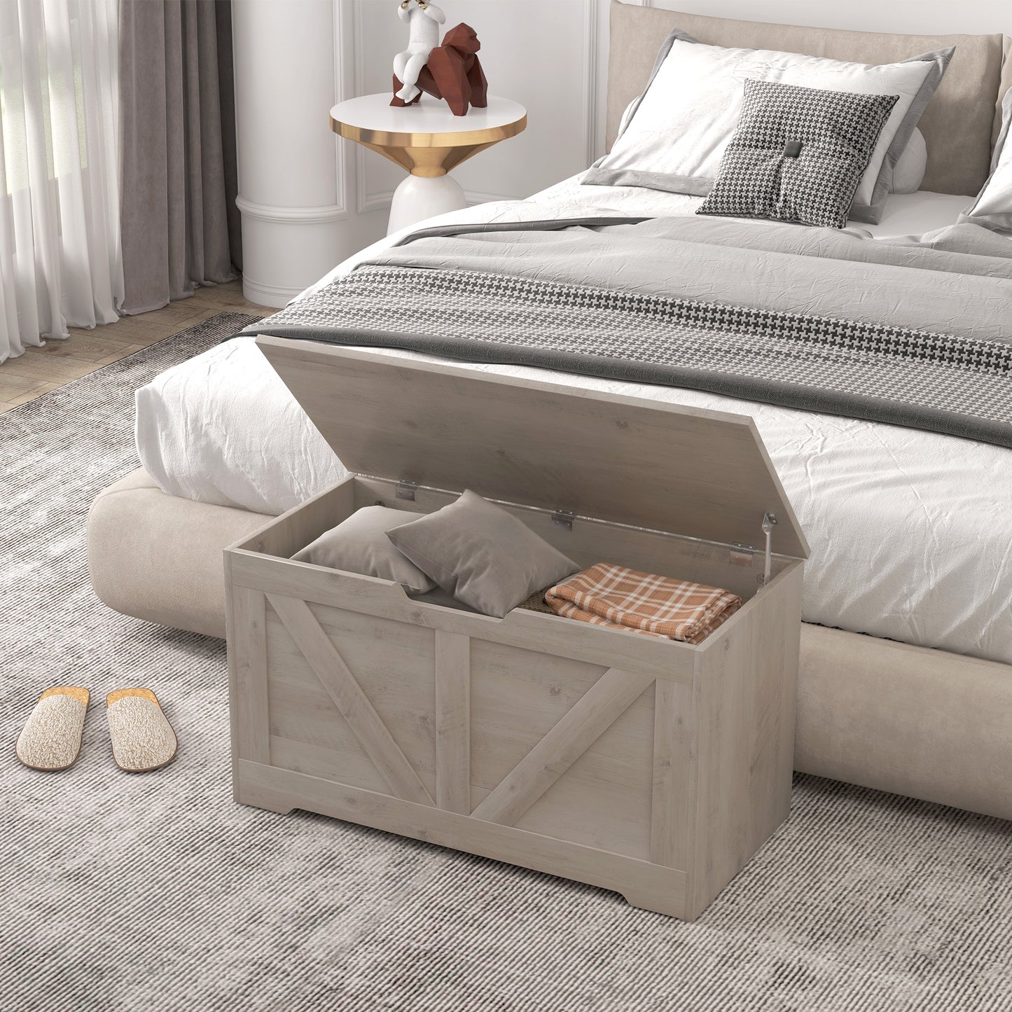 HOMCOM 100L Home Storage Box, with Safety Hinges - White Wood-Effect