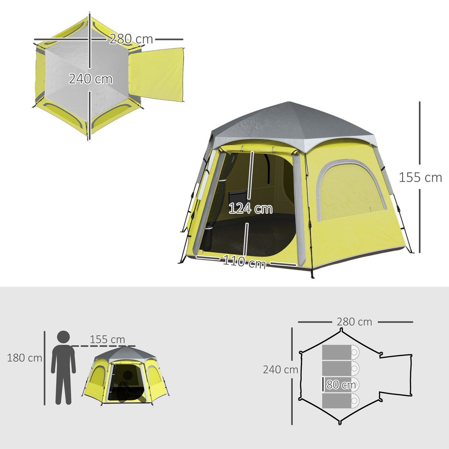 Outsunny Instant Pop Up Camping Tent, 2/3/4 osobowy łatwy w rozkładaniu namiot rodzinny z przedsionkiem, tropikiem, 4 oknami z siatki i 2 drzwiami, sześciokątny design, wodoodporny i z ochroną UV, żółto-zielony