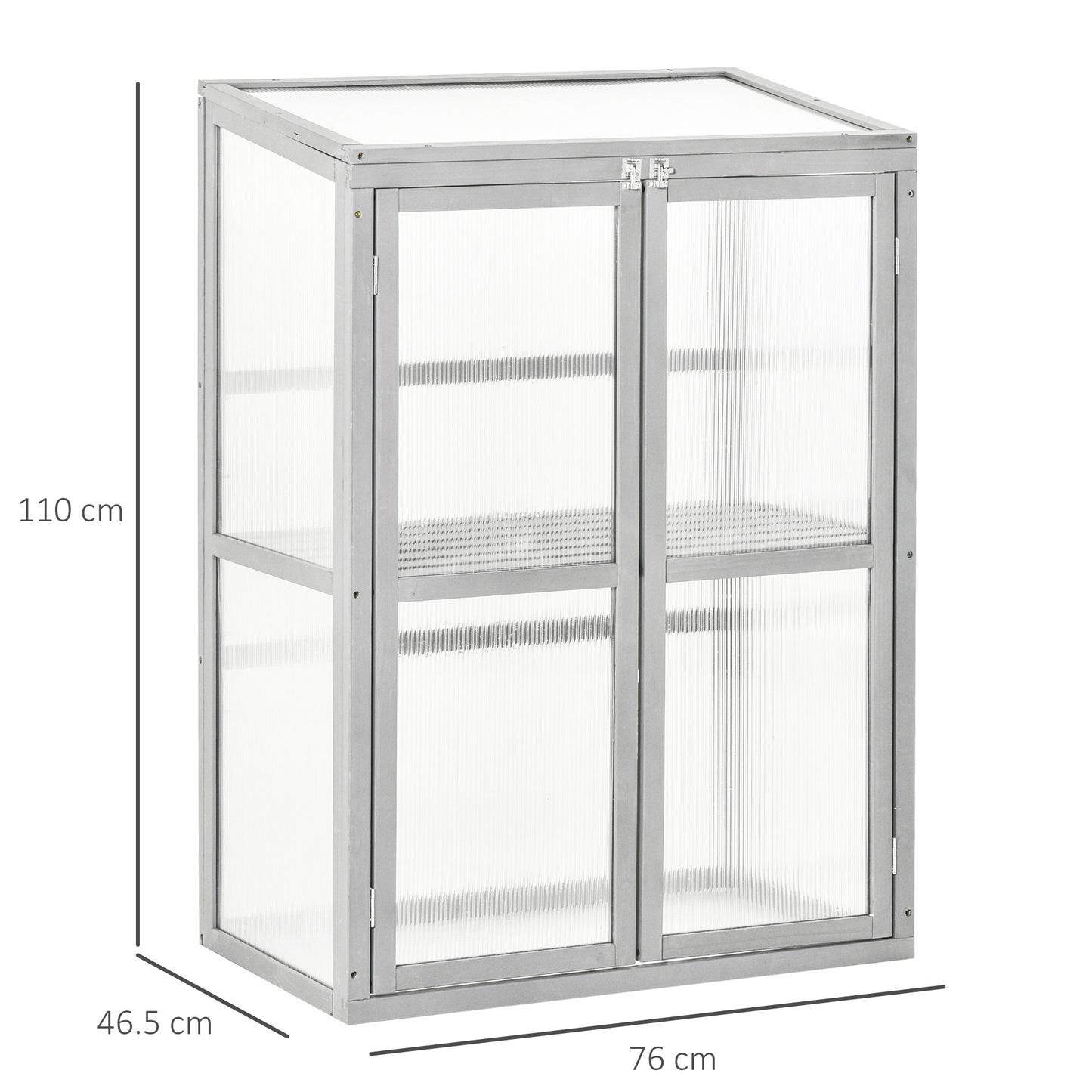 Outsunny Drewniana szklarnia zimowa z poliwęglanu, ogrodowa, dom do uprawy kwiatów i warzyw, z regulowaną półką, podwójne drzwi, 76 x 47 x 110 cm, jasnoszary