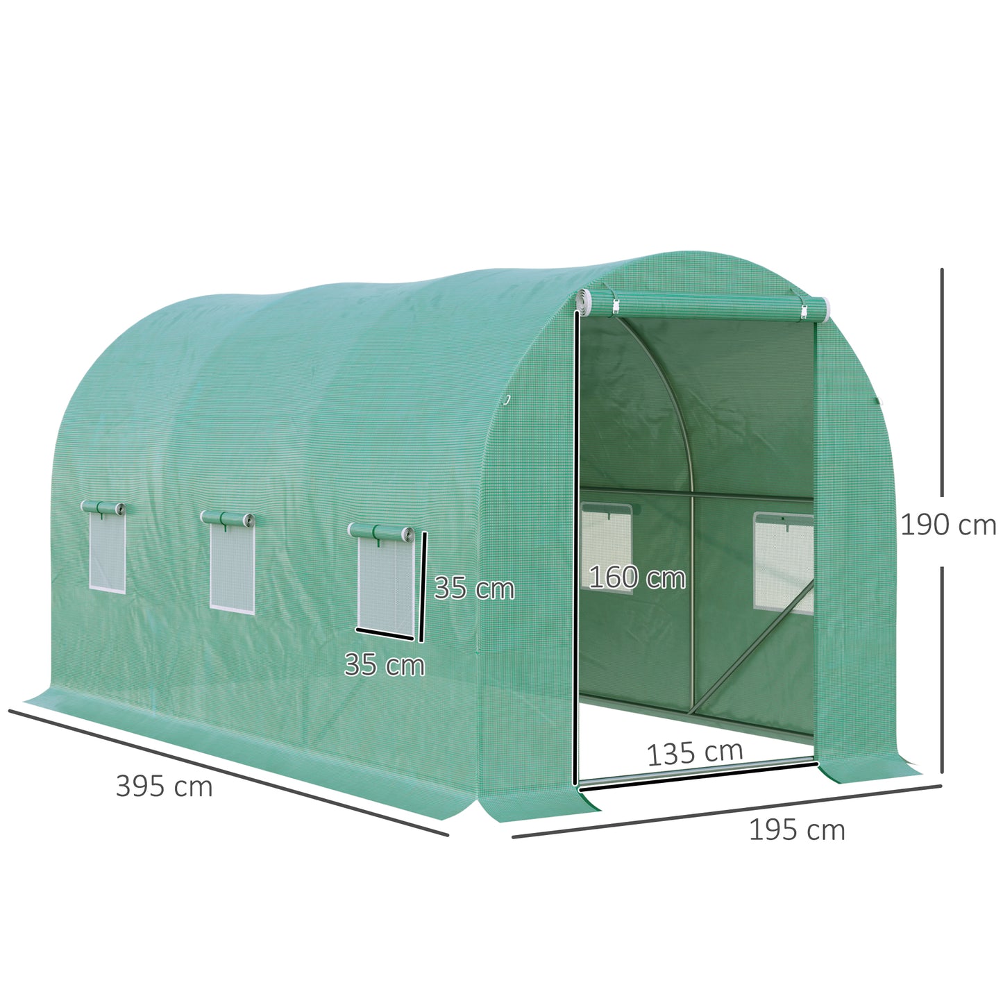 Tunel foliowy Outsunny 4 x 2 x 2 m z drzwiami zwijanymi i 6 oknami z siatki, namiot ogrodowy typu walk-in z osłoną z polietylenu odporną na promieniowanie UV i ocynkowaną stalową ramą, zielony