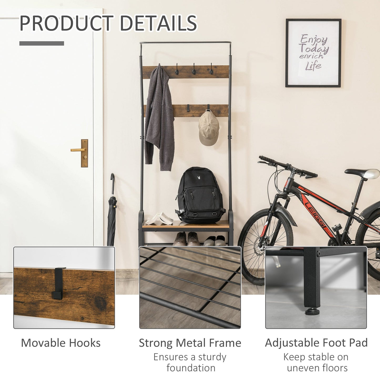 HOMCOM Coat Rack Stand Industrial hallway Shoe Rack Removable Hooks Metal Wood Hangers Storage Cabinet Rustic Brown 72L_34W_185H(cm)