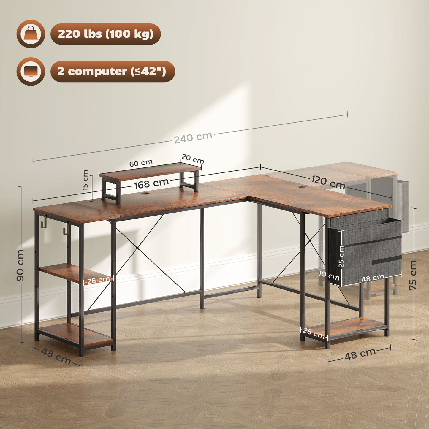 HOMCOM 168cm Biurko w kształcie litery L, odwracalne, industrialne biurko komputerowe narożne z regulowaną półką i torbą do przechowywania, 240cm Biurko dla 2 osób z podstawką pod monitor, rustykalny brąz