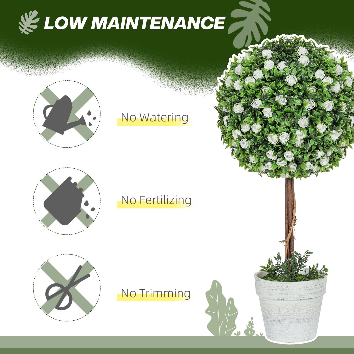 HOMCOM Zestaw 2 dekoracyjnych sztucznych roślin, drzewo topiary z kwiatem róży w doniczce, sztuczne rośliny do dekoracji wnętrz i na zewnątrz, 60 cm, biały